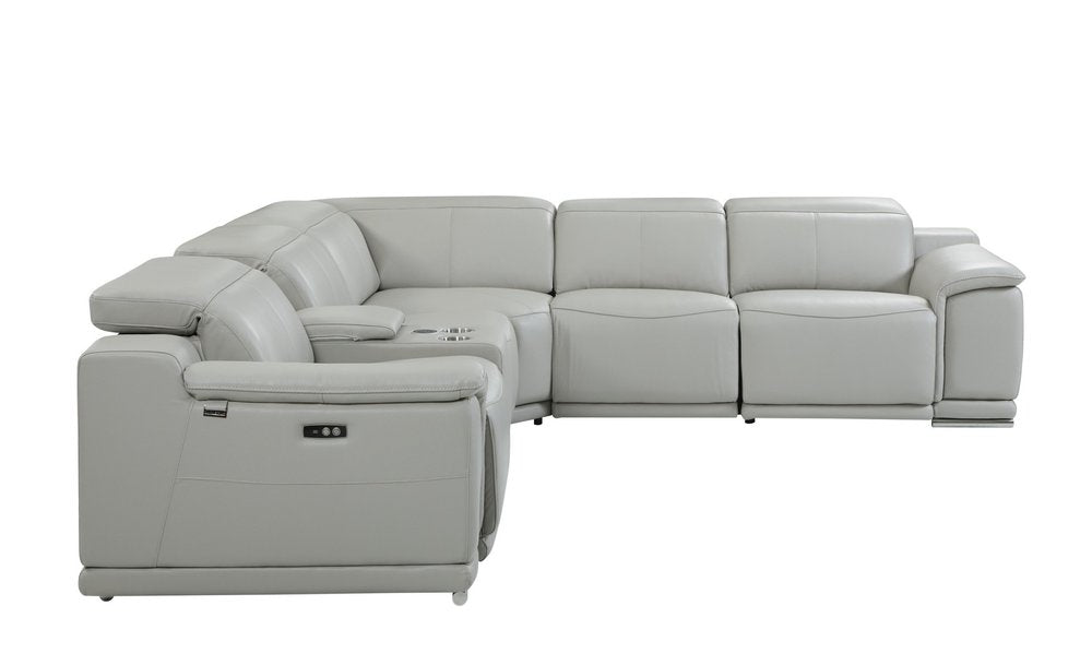 Seccional esquinero de seis piezas en forma de U, reclinable eléctrico, de cuero italiano gris claro con consola