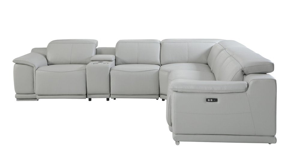 Seccional esquinero de seis piezas en forma de U, reclinable eléctrico, de cuero italiano gris claro con consola