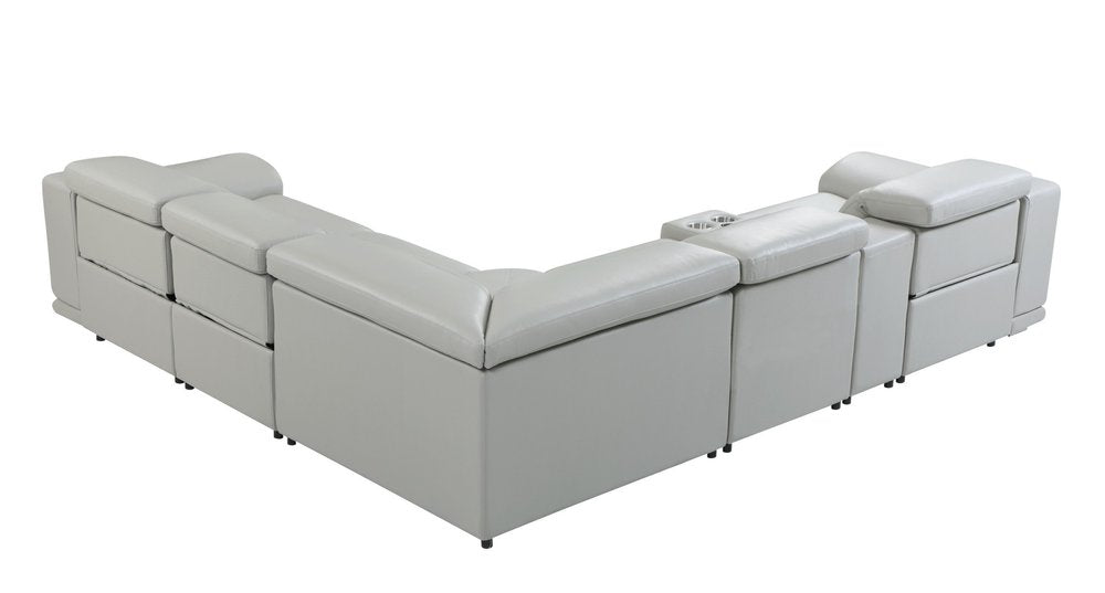 Seccional esquinero de seis piezas en forma de U, reclinable eléctrico, de cuero italiano gris claro con consola