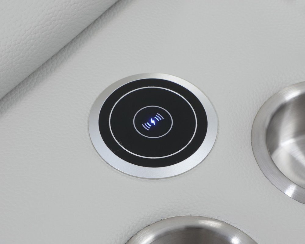 Seccional esquinero de seis piezas en forma de U, reclinable eléctrico, de cuero italiano gris claro con consola