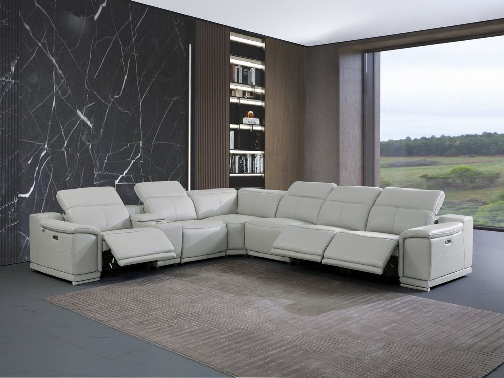 Seccional esquinero de siete piezas en forma de U, reclinable eléctrico, de cuero italiano gris claro con consola