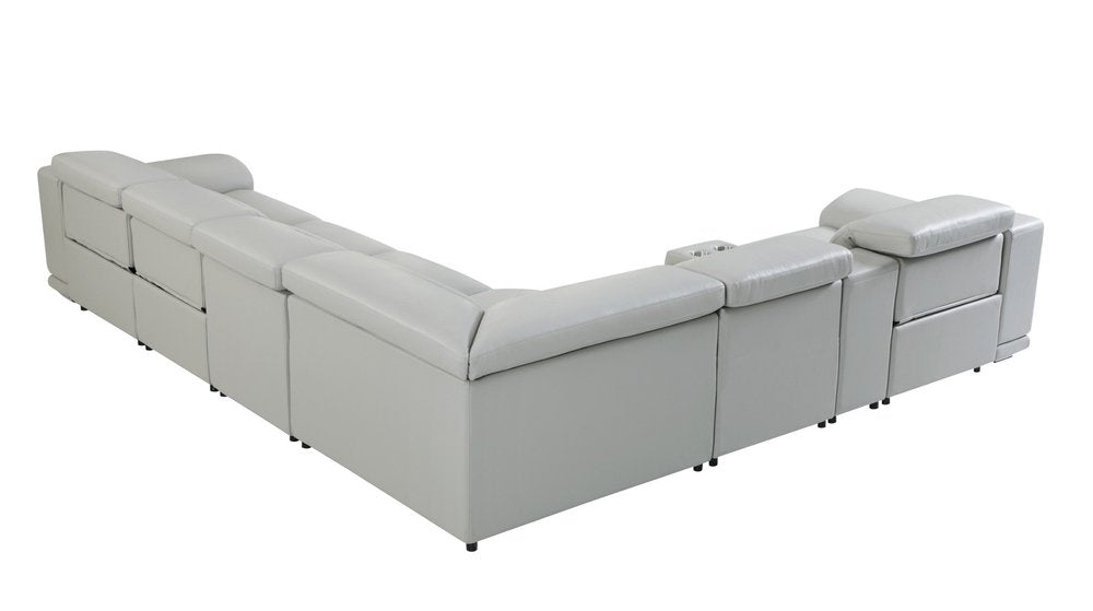 Seccional esquinero de siete piezas en forma de U, reclinable eléctrico, de cuero italiano gris claro con consola