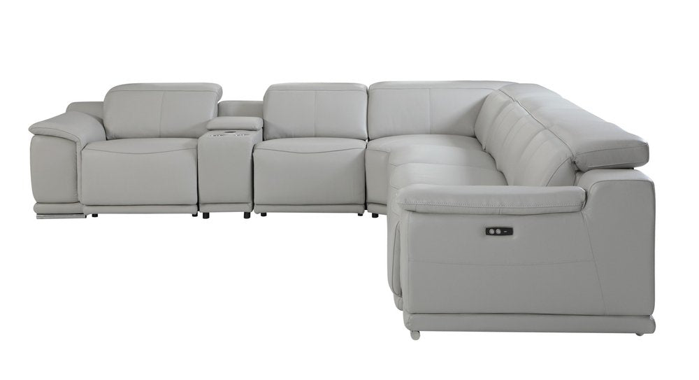 Seccional esquinero de siete piezas en forma de U, reclinable eléctrico, de cuero italiano gris claro con consola