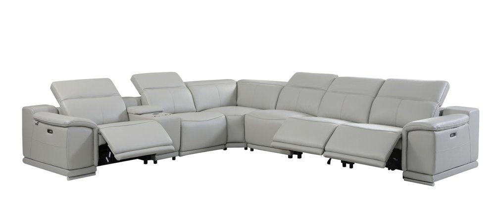 Seccional esquinero de siete piezas en forma de U, reclinable eléctrico, de cuero italiano gris claro con consola