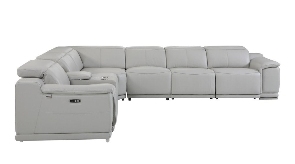 Seccional esquinero de siete piezas en forma de U, reclinable eléctrico, de cuero italiano gris claro con consola