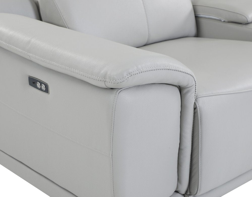 Seccional esquinero de siete piezas en forma de U, reclinable eléctrico, de cuero italiano gris claro con consola