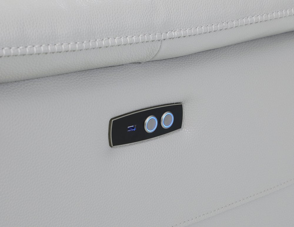 Seccional esquinero de siete piezas en forma de U, reclinable eléctrico, de cuero italiano gris claro con consola