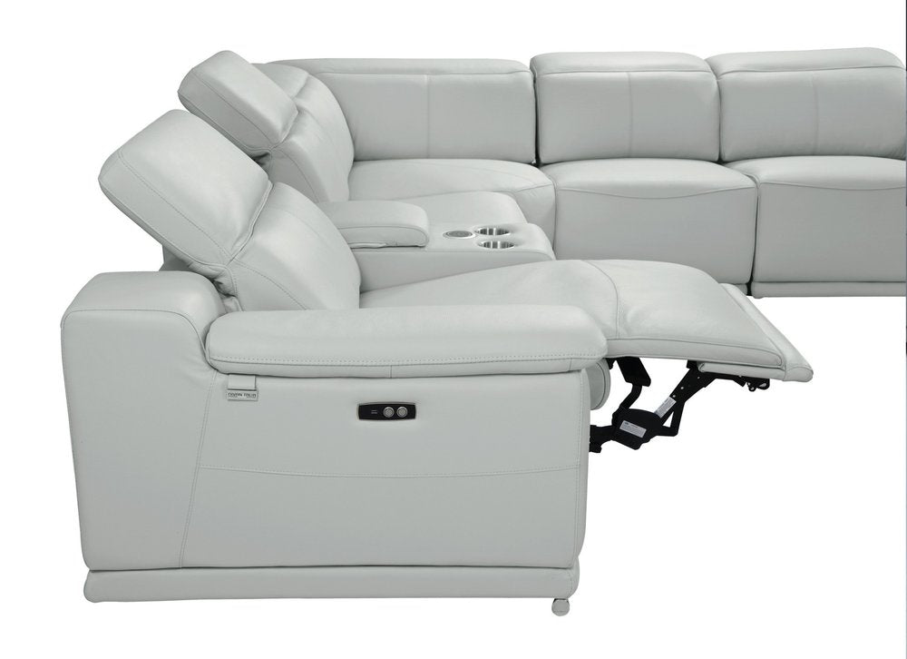 Seccional esquinero de siete piezas en forma de U, reclinable eléctrico, de cuero italiano gris claro con consola