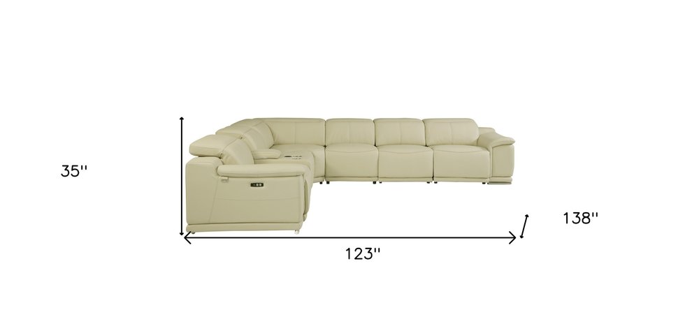 Seccional esquinero de siete piezas en forma de U, reclinable eléctrico, de cuero italiano beige con consola