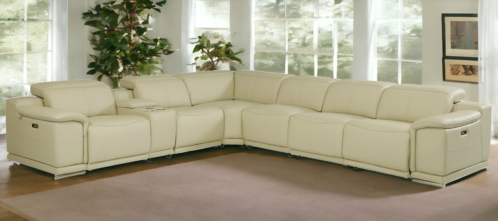 Seccional esquinero de siete piezas en forma de U, reclinable eléctrico, de cuero italiano beige con consola