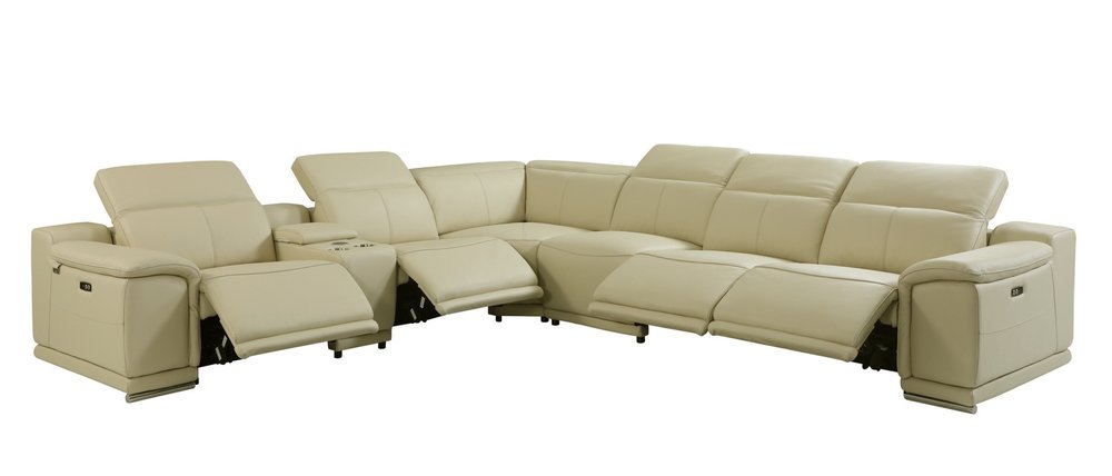 Seccional esquinero de siete piezas en forma de U, reclinable eléctrico, de cuero italiano beige con consola