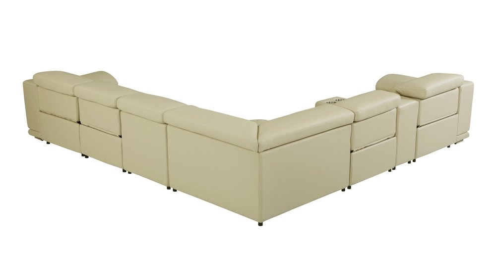 Seccional esquinero de siete piezas en forma de U, reclinable eléctrico, de cuero italiano beige con consola