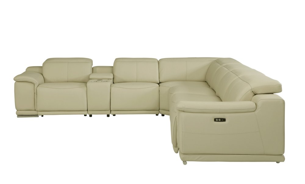 Seccional esquinero de siete piezas en forma de U, reclinable eléctrico, de cuero italiano beige con consola