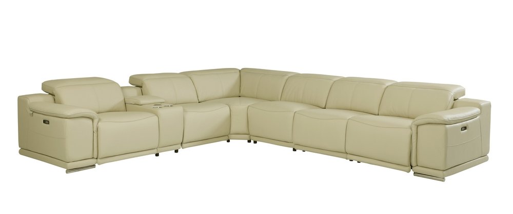 Seccional esquinero de siete piezas en forma de U, reclinable eléctrico, de cuero italiano beige con consola