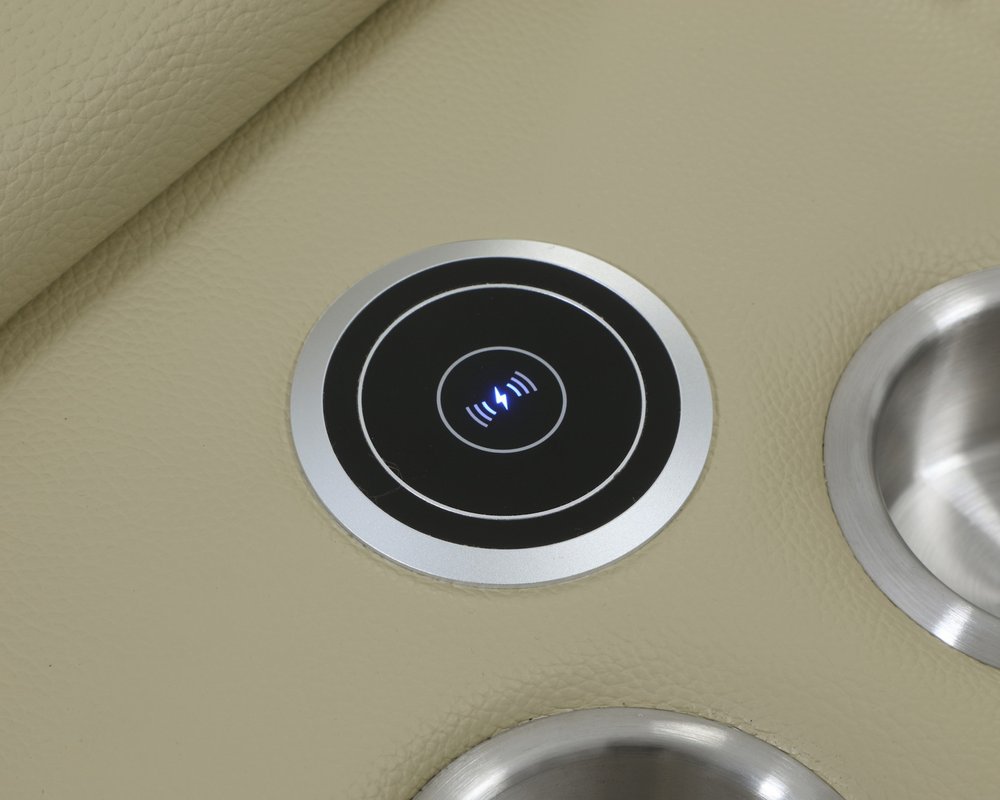 Seccional esquinero de siete piezas en forma de U, reclinable eléctrico, de cuero italiano beige con consola