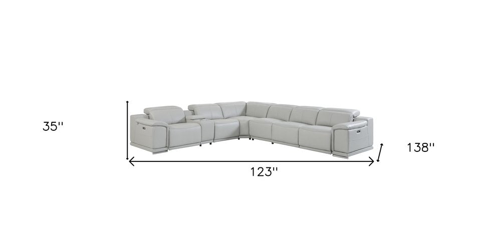 Seccional esquinero de siete piezas en forma de U, reclinable eléctrico, de cuero italiano gris claro con consola