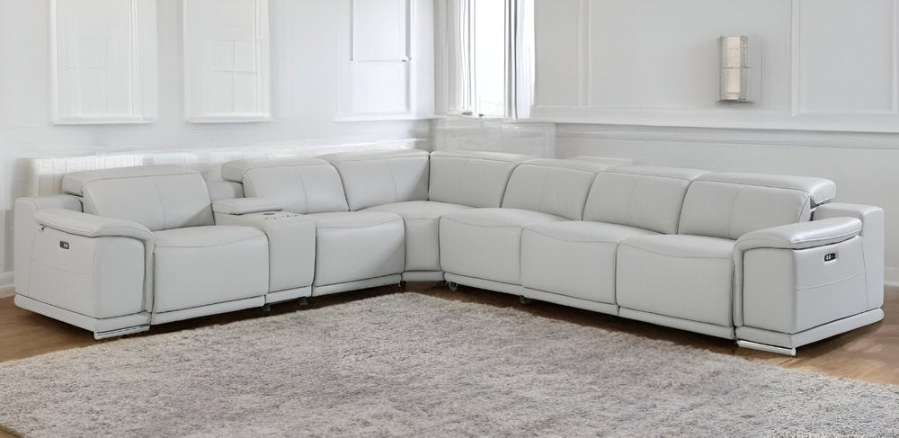 Seccional esquinero de siete piezas en forma de U, reclinable eléctrico, de cuero italiano gris claro con consola