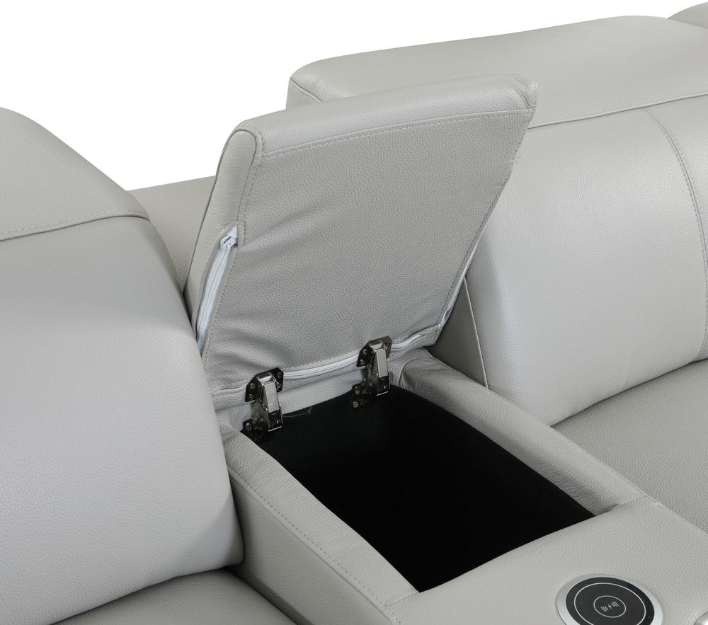 Seccional esquinero de siete piezas en forma de U, reclinable eléctrico, de cuero italiano gris claro con consola