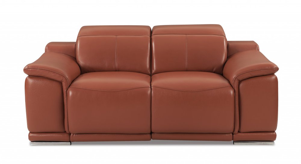 Loveseat reclinable eléctrico de 72" en cuero italiano color camel y plateado