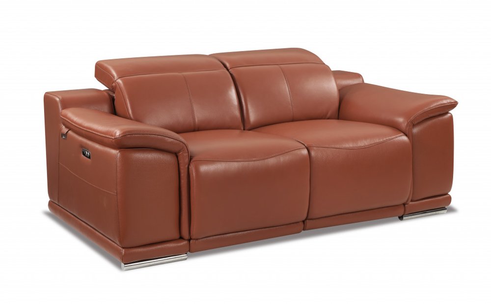 Loveseat reclinable eléctrico de 72" en cuero italiano color camel y plateado