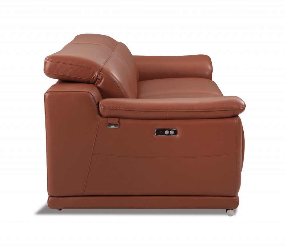 Loveseat reclinable eléctrico de 72" en cuero italiano color camel y plateado
