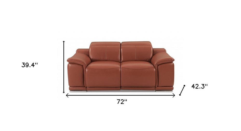 Loveseat reclinable eléctrico de 72" en cuero italiano color camel y plateado