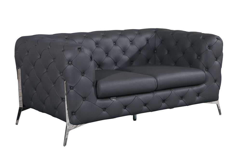 Loveseat de cuero italiano gris y plateado de 69"