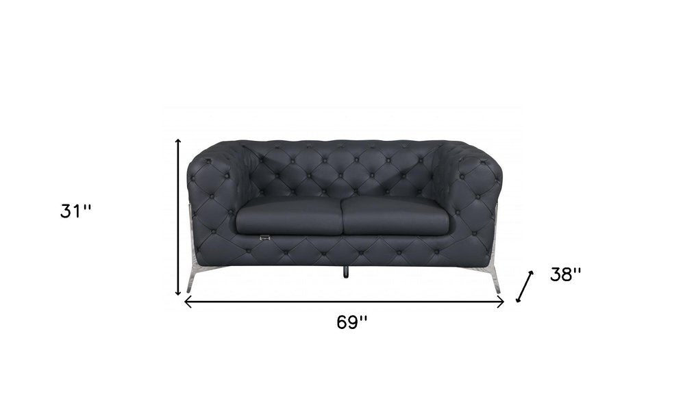 Loveseat de cuero italiano gris y plateado de 69"