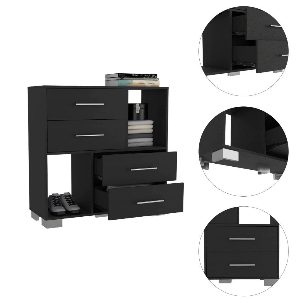 Cómoda de madera manufacturada negra de 35" con cuatro cajones y cubos