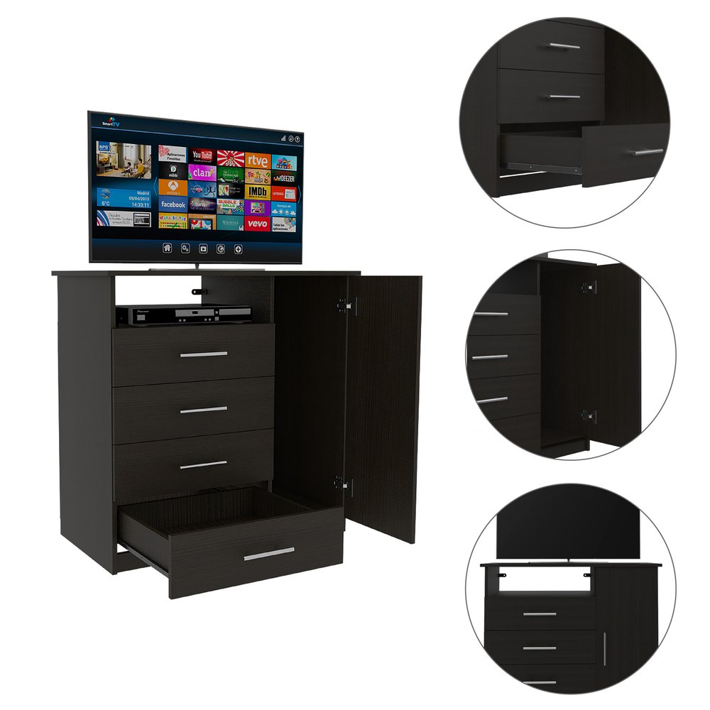 Cómoda combinada de cuatro cajones de madera manufacturada negra de 36"