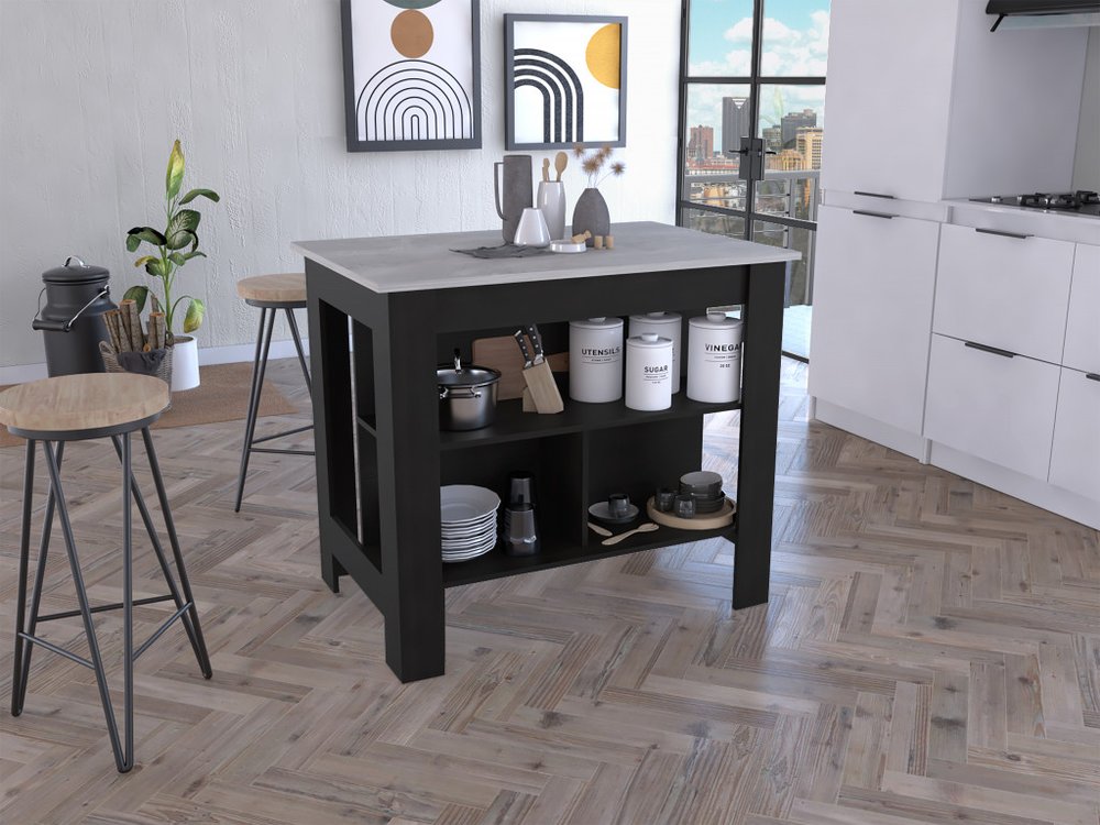 Isla de cocina de 41" en negro y marfil con almacenamiento