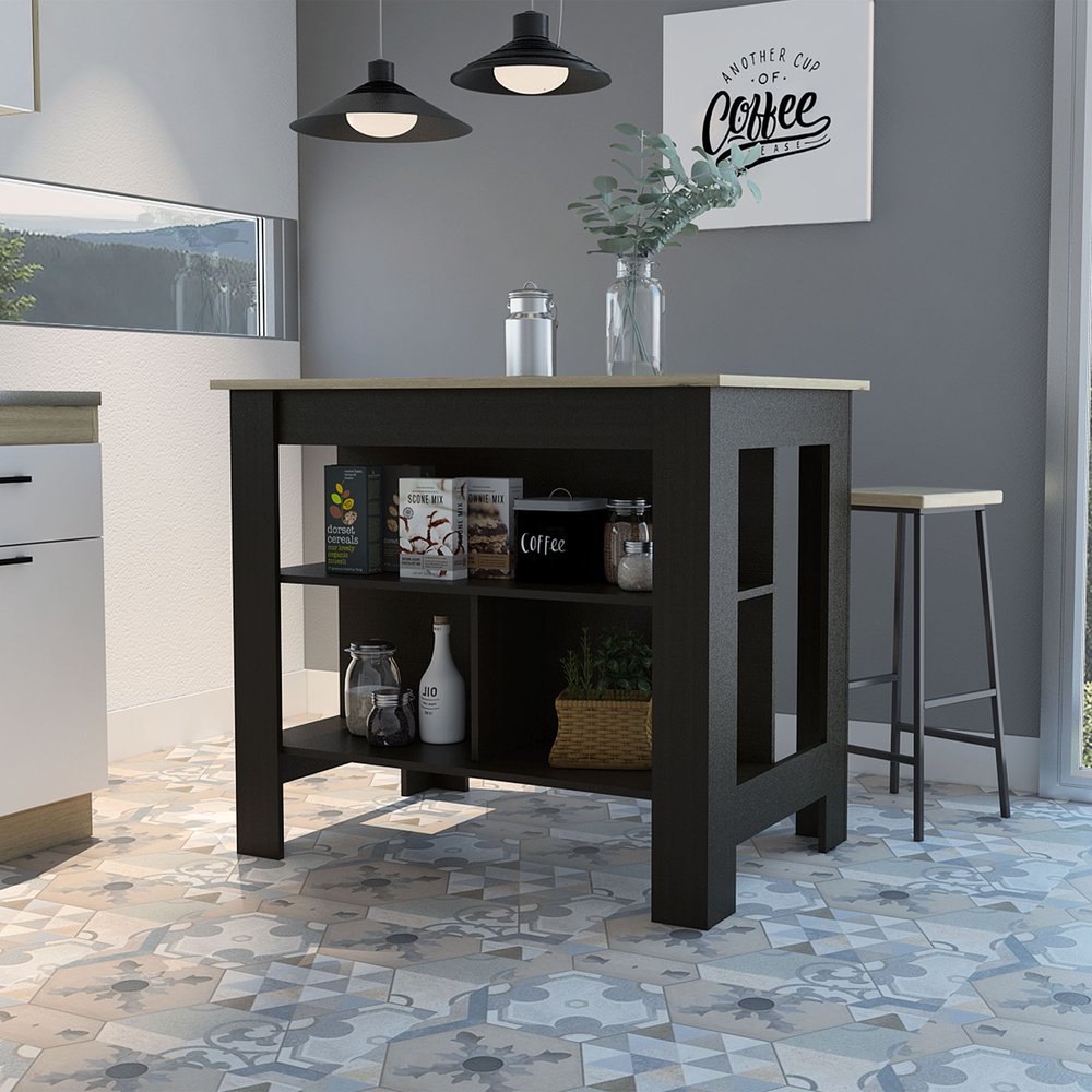 Isla de cocina de 41" en negro y natural con almacenamiento
