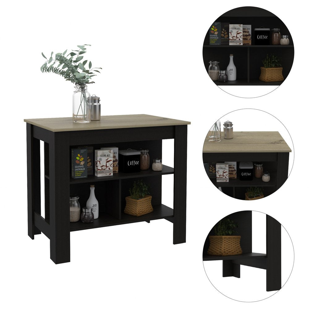 Isla de cocina de 41" en negro y natural con almacenamiento