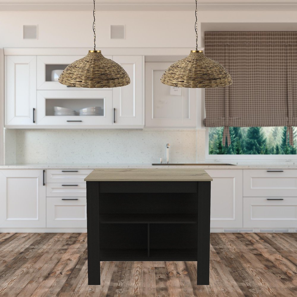 Isla de cocina de 41" en negro y natural con almacenamiento