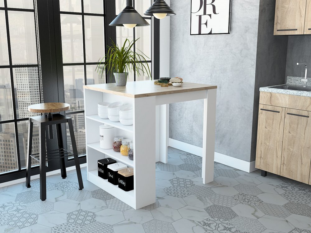 Isla de cocina blanca y natural de 36" con almacenamiento