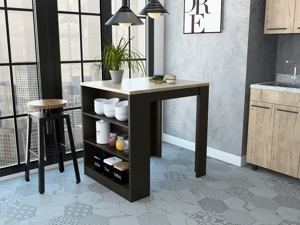 Isla de cocina de 36" en negro y natural con almacenamiento