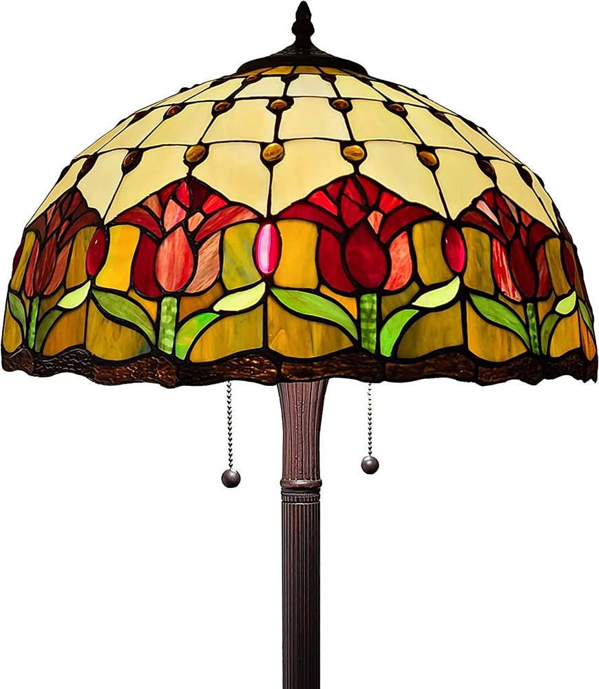 Lámpara de pie tradicional de 62" de dos luces en marrón con pantalla de cúpula de vidrio con flores rojas