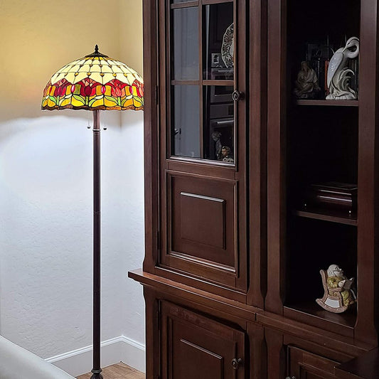 Lámpara de pie tradicional de 62" de dos luces en marrón con pantalla de cúpula de vidrio con flores rojas