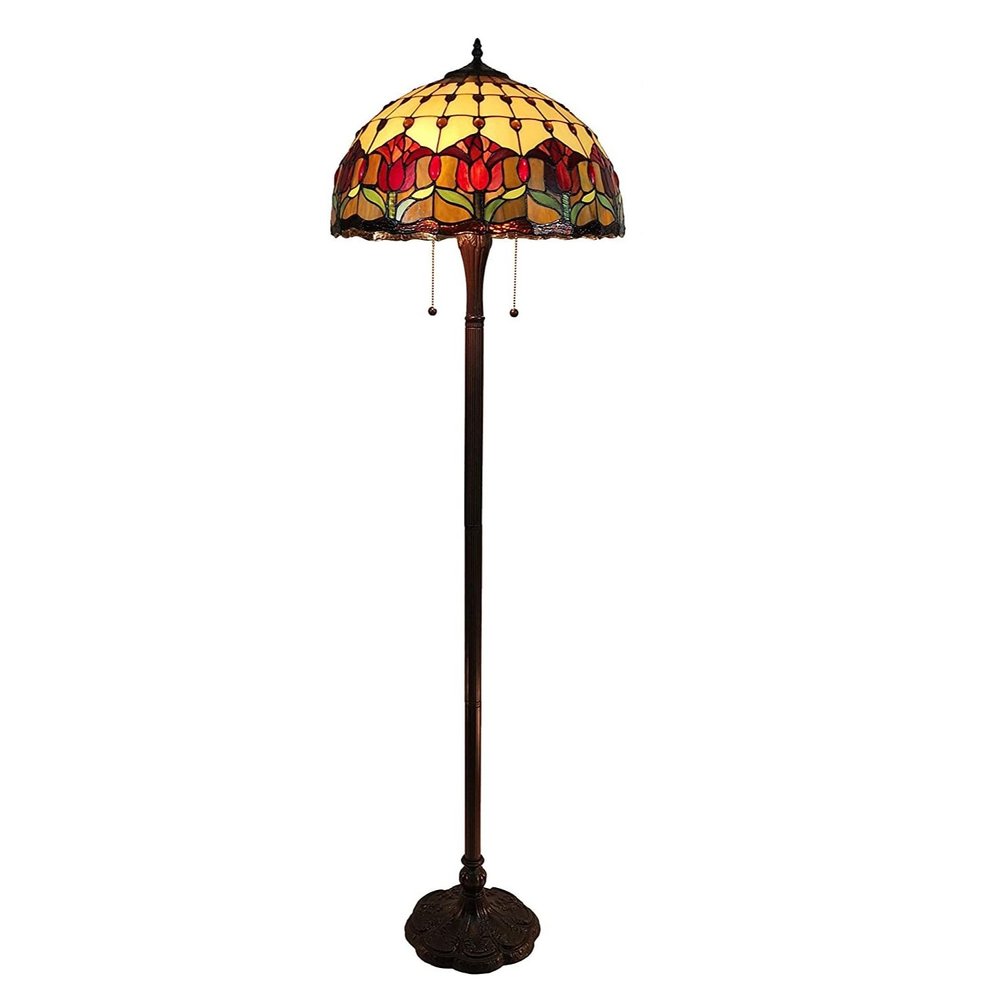 Lámpara de pie tradicional de 62" de dos luces en marrón con pantalla de cúpula de vidrio con flores rojas