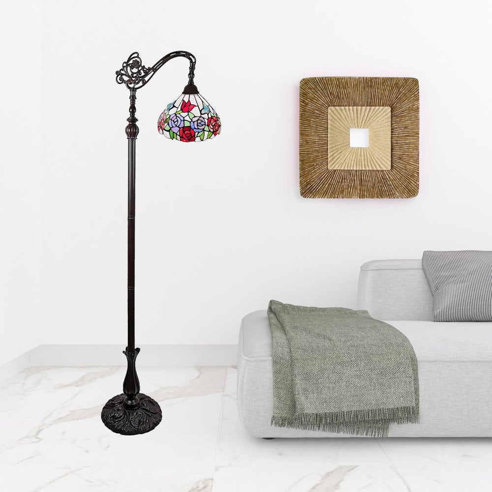 62" Espresso Metal Torchiere Floor Lamp With Green And White Flowers Glass Dome Shade