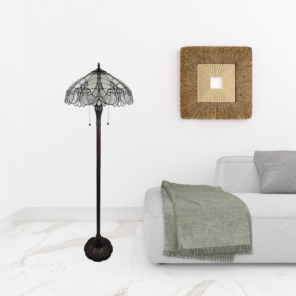 Lámpara de pie Torchiere de dos luces, color marrón oscuro, de 62" con pantalla de cúpula de cristal con flor de lis blanca