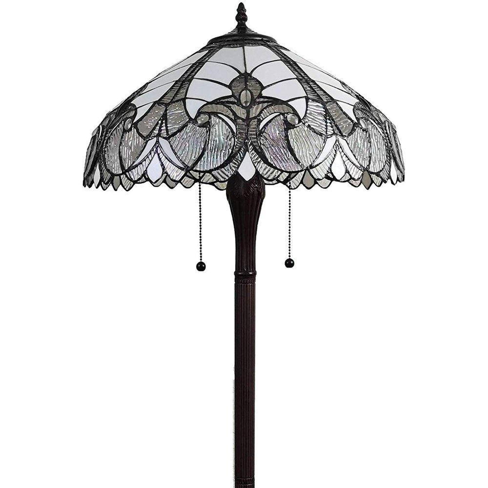 Lámpara de pie Torchiere de dos luces, color marrón oscuro, de 62" con pantalla de cúpula de cristal con flor de lis blanca