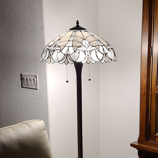 Lámpara de pie Torchiere de dos luces, color marrón oscuro, de 62" con pantalla de cúpula de cristal con flor de lis blanca