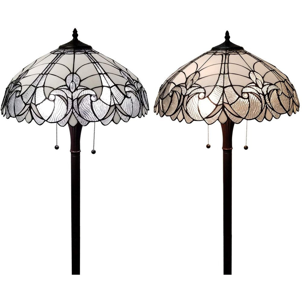 Lámpara de pie Torchiere de dos luces, color marrón oscuro, de 62" con pantalla de cúpula de cristal con flor de lis blanca