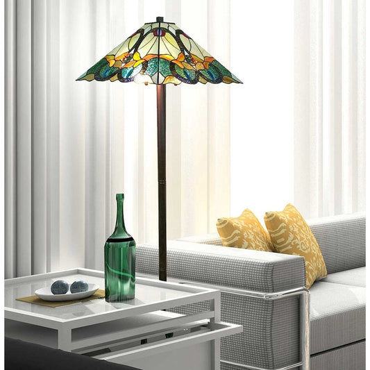 Lámpara de pie estilo antorcha de dos luces color espresso de 62" con pantalla cónica de vidrio con flores azules