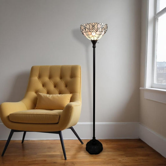 Lámpara de pie Torchiere marrón de 62" con pantalla de cúpula de vidrio estilo Tiffany blanca