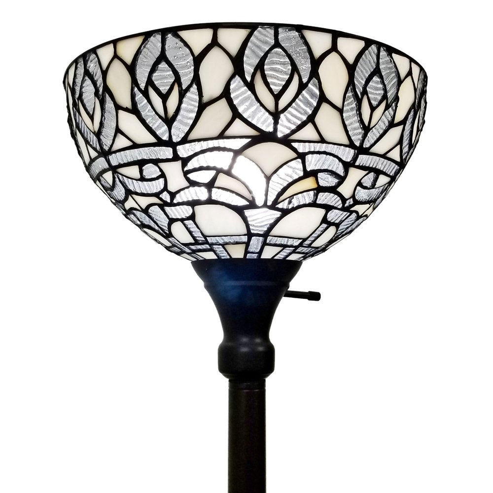 Lámpara de pie Torchiere de 62" en marrón y blanco con pantalla de cúpula de cristal con forma de pluma de pavo real blanca