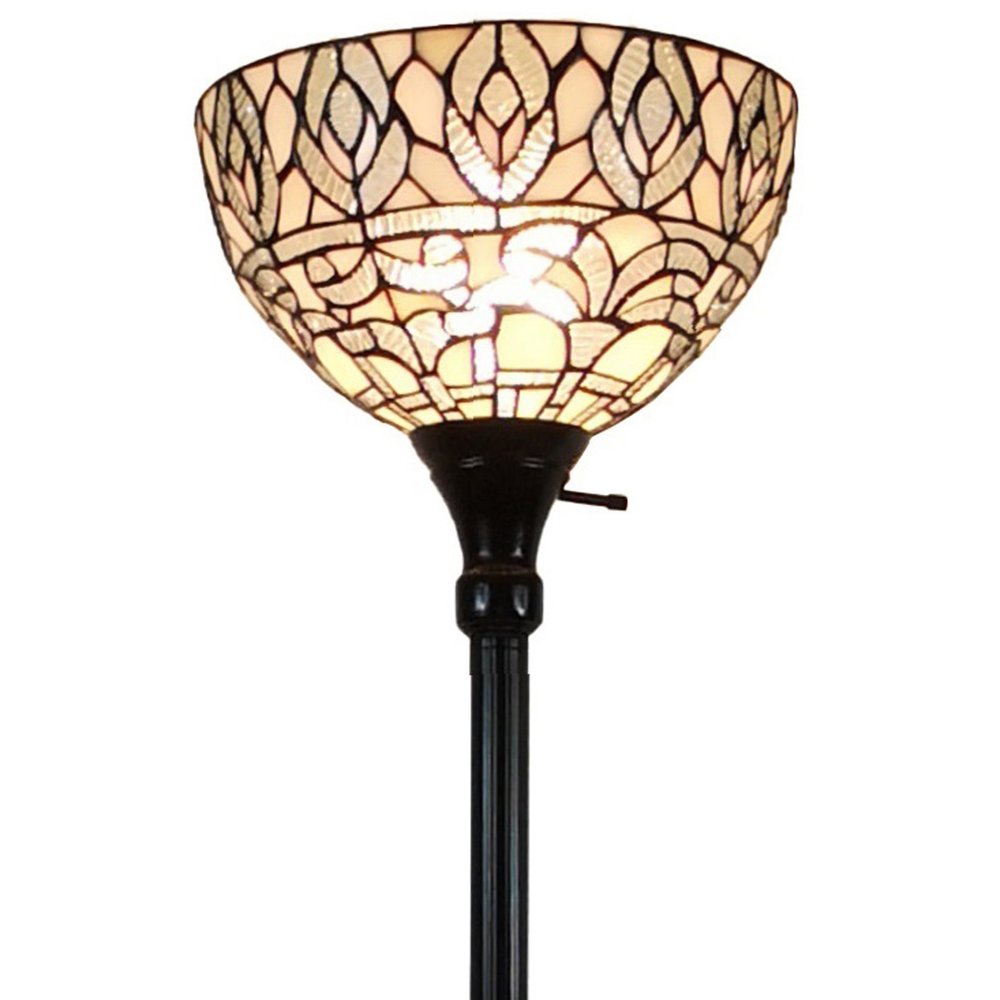 Lámpara de pie Torchiere de 62" en marrón y blanco con pantalla de cúpula de cristal con forma de pluma de pavo real blanca