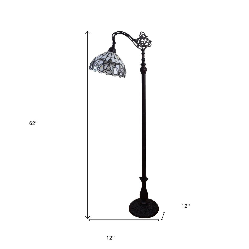 Lámpara de pie Torchiere de 62" en marrón y blanco con pantalla de cúpula de vidrio con flores blancas