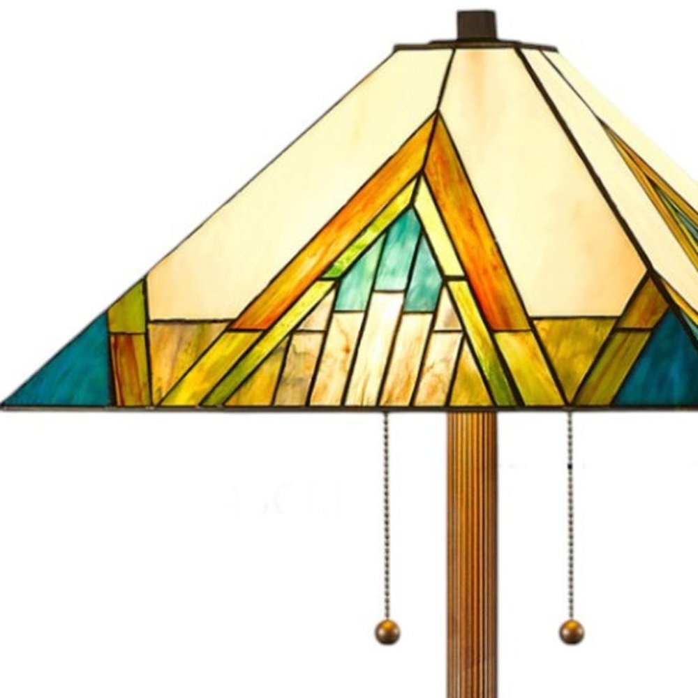 Lámpara de pie estilo Tiffany de dos luces y 62" con pantalla de vidrio emplomado en tonos ámbar, azul y verde